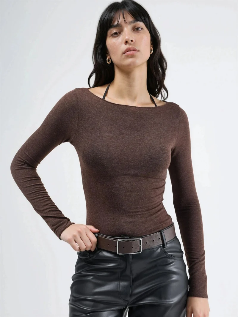 بوسيم BUSEM Boat Neck Long Sleeve Lightweight Blouse